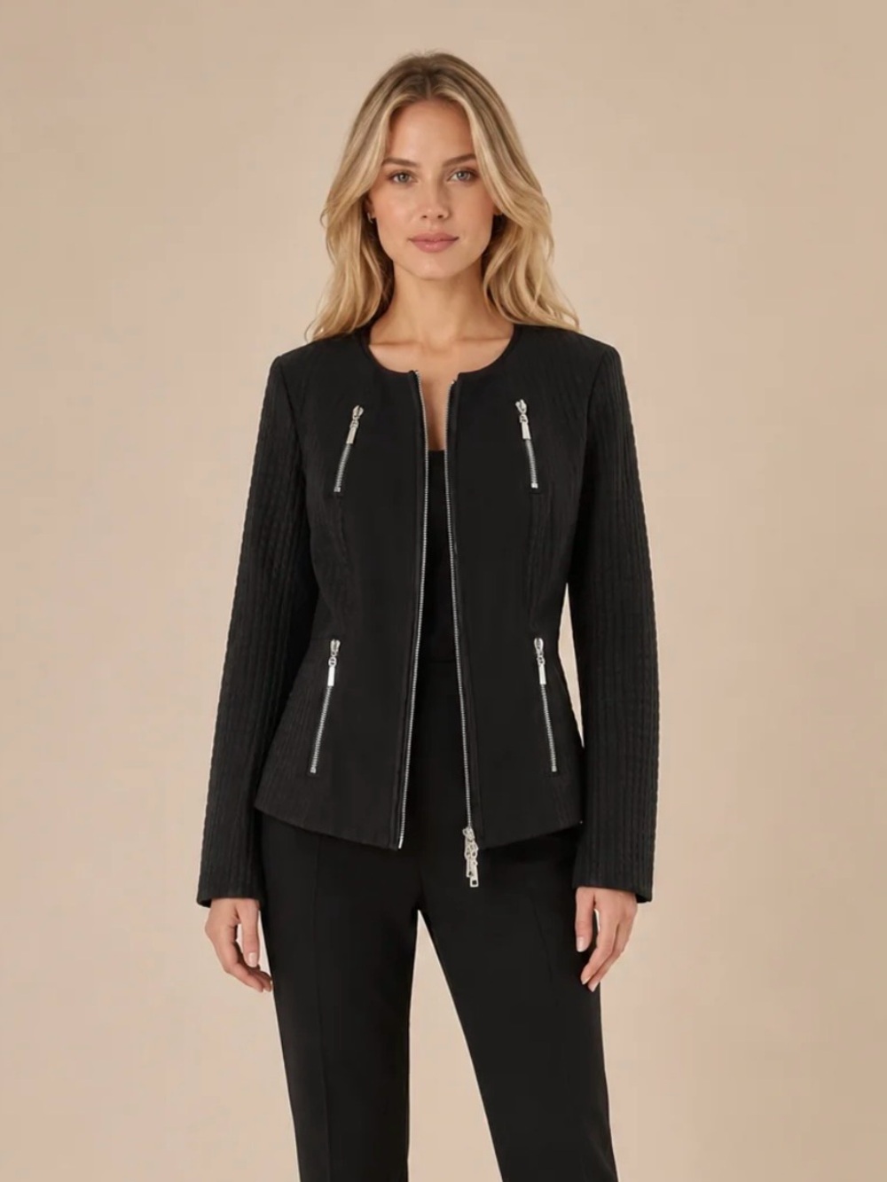 MISOOK Zip-Front Knit Jacket with Polished Silver-Tone Accent Zippers, black